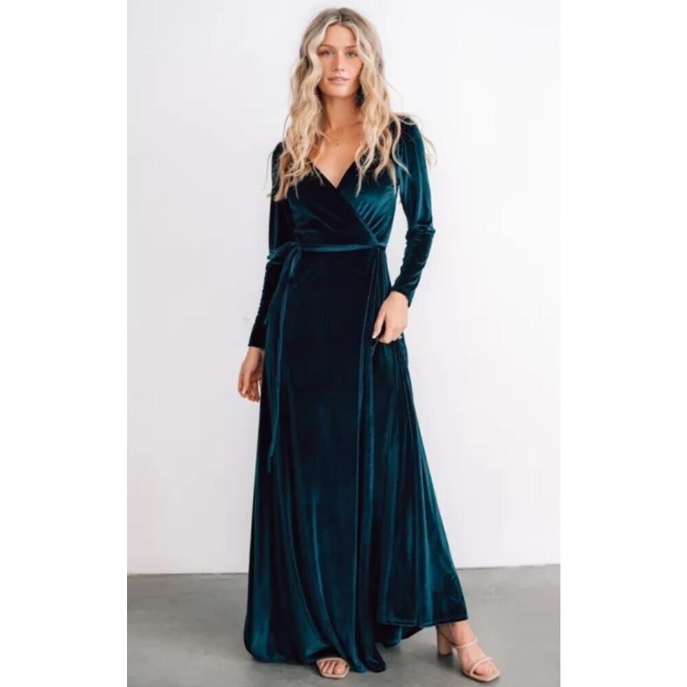NWT Baltic Born Esmerelda Green Velvet Maxi Wrap Dress Long Sleeve Size M - Picture 2 of 9